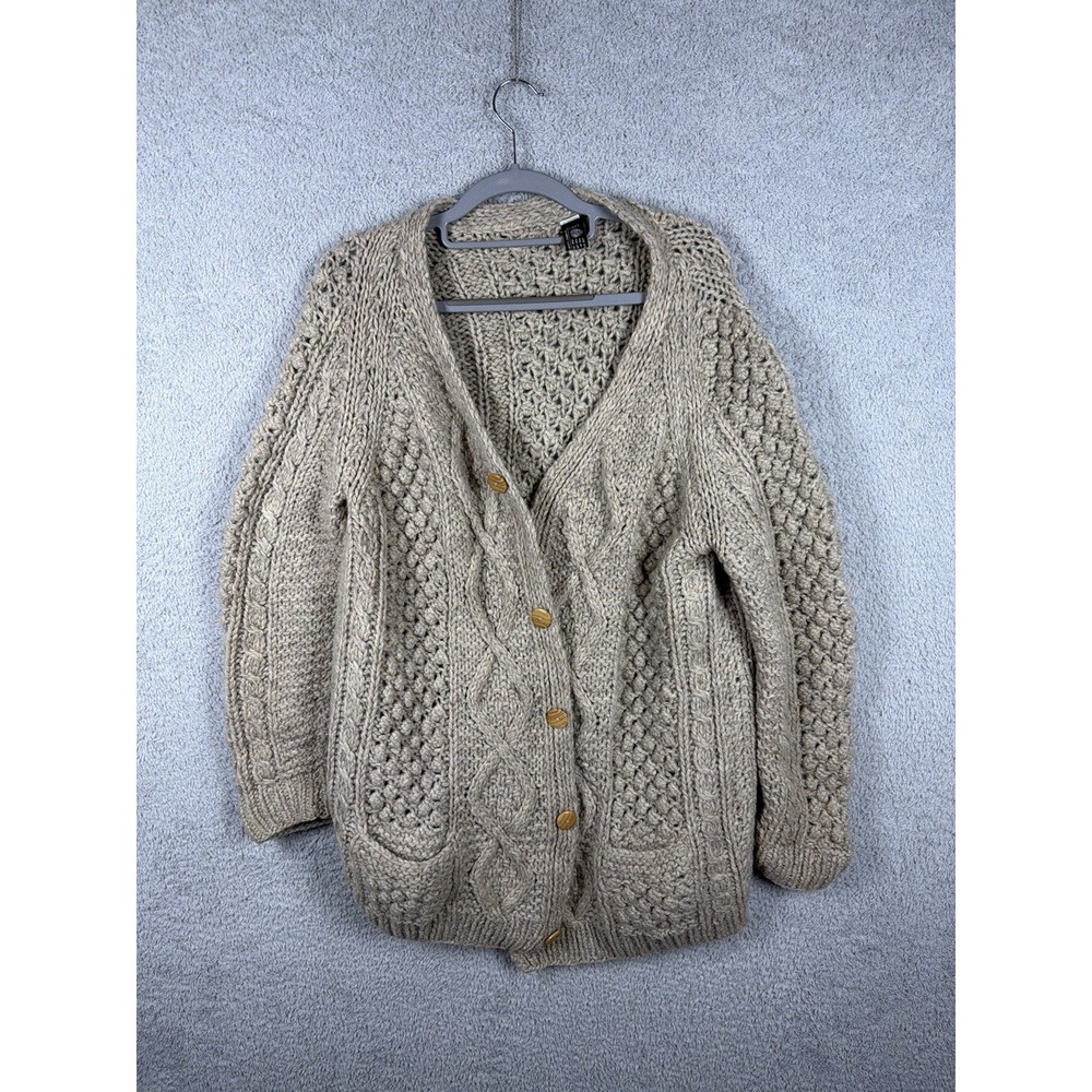 Womens L Handmade Greece Wool Cable Knit Cardigan Beige Chunky Fisherman Sweater